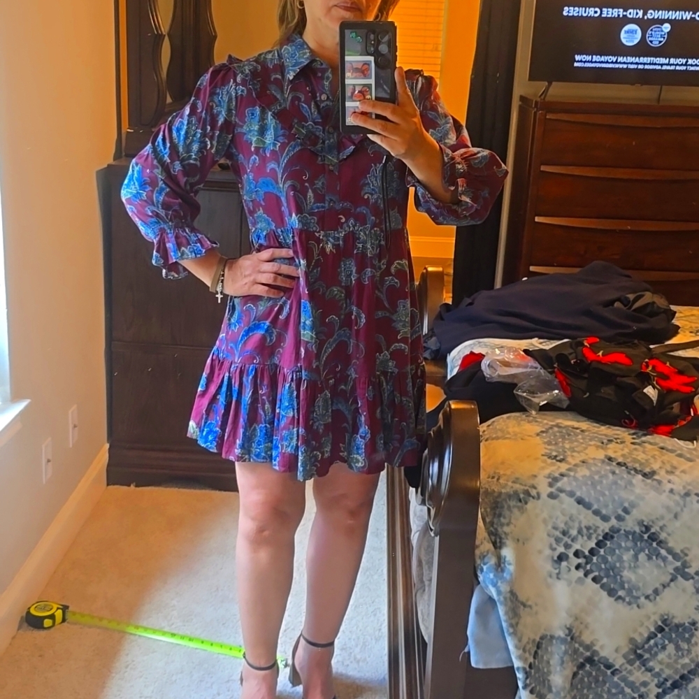 Olivia By Livro  Red and Blue Ruffled Bishop Sleeve Dress